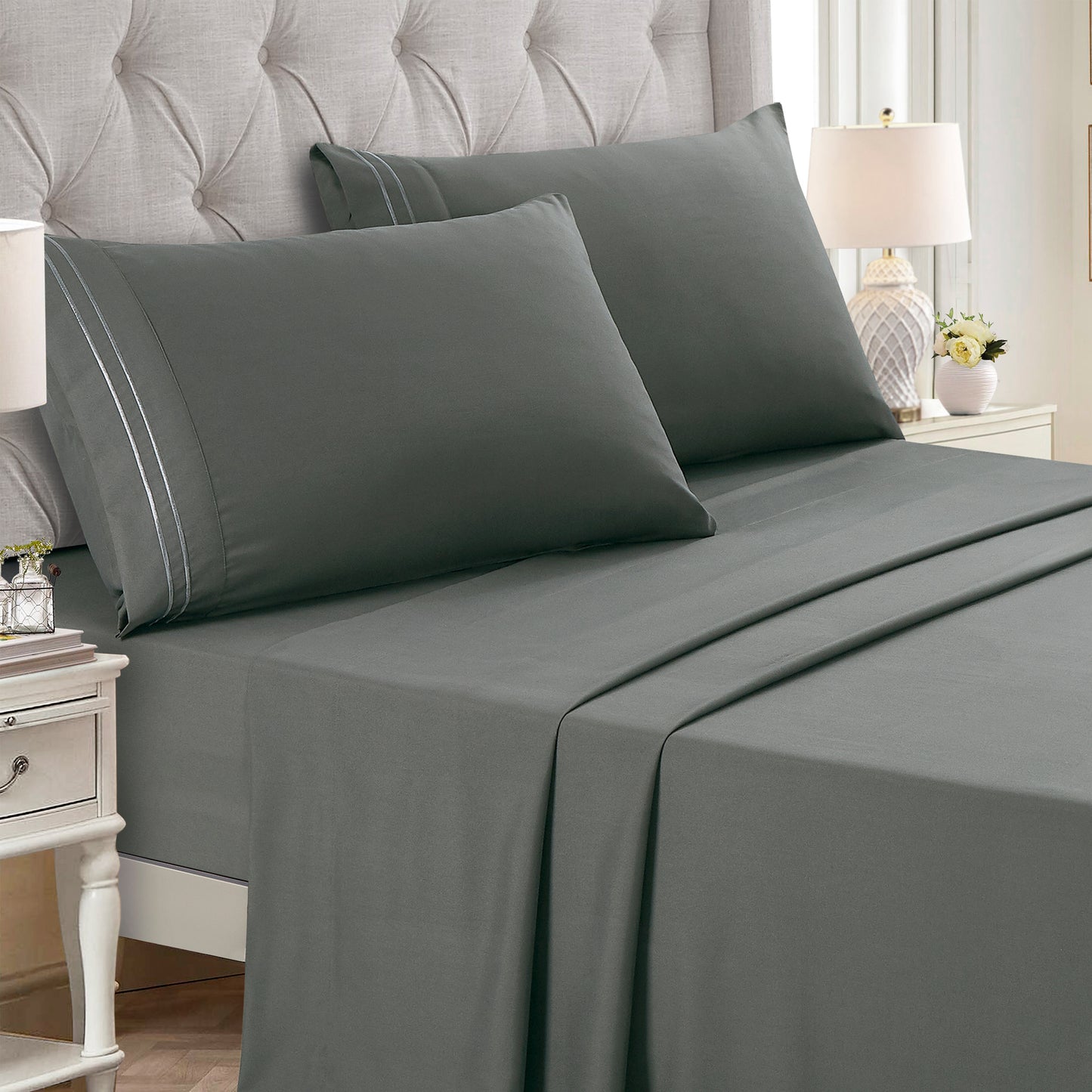 3-Piece Grey Sheet Set Twin Size with Flat Sheet, Fitted Sheet, and Pillowcases