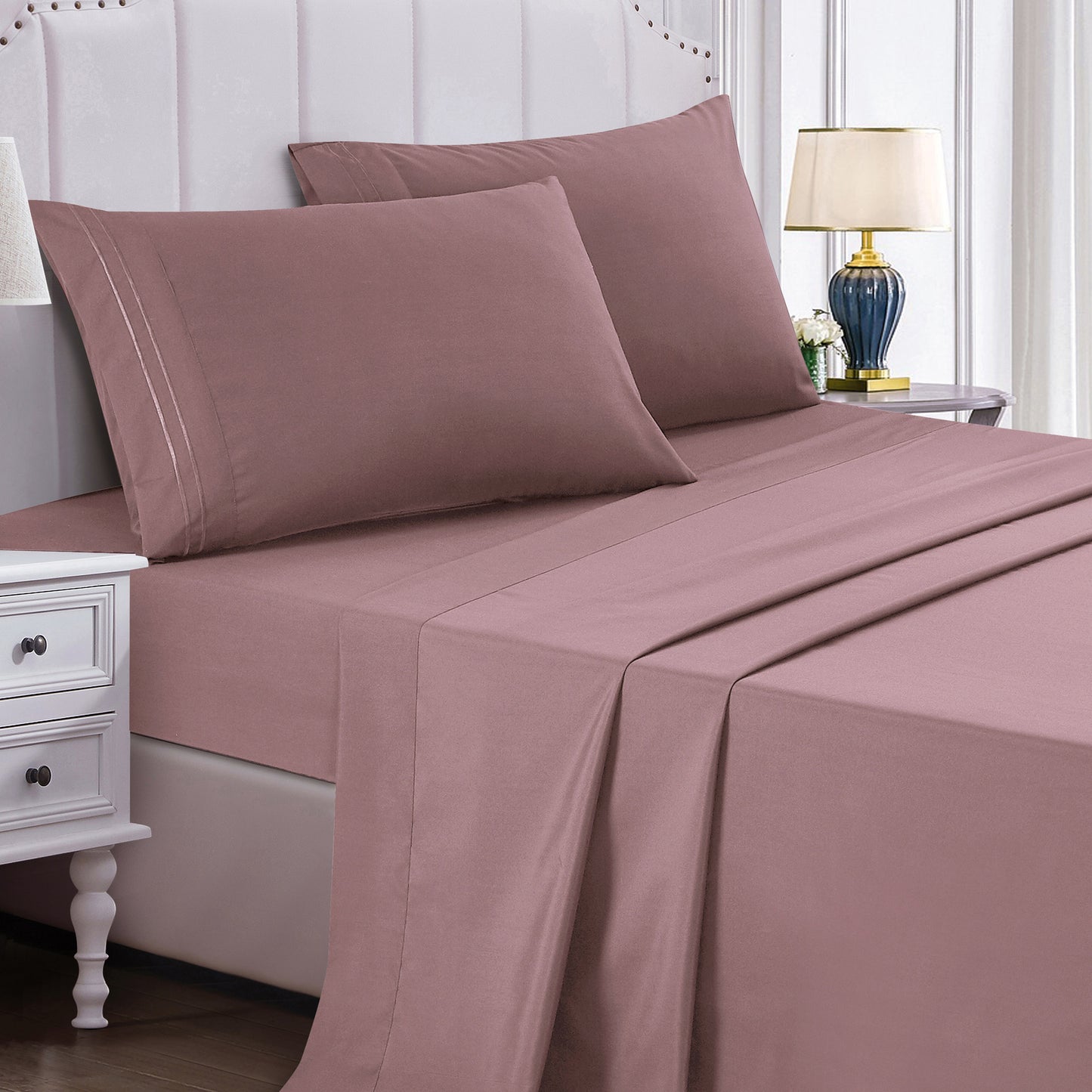 4-Piece Rose Purple Sheet Set Cal King Size with Flat Sheet, Fitted Sheet, and Pillowcases