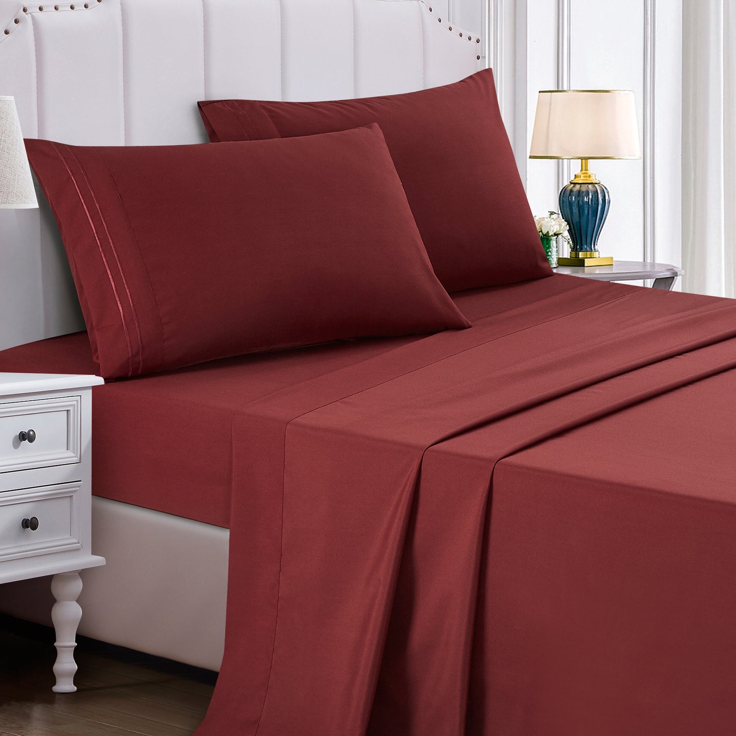 3-Piece Burgundy Sheet Set Twin Size with Flat Sheet, Fitted Sheet, and Pillowcases