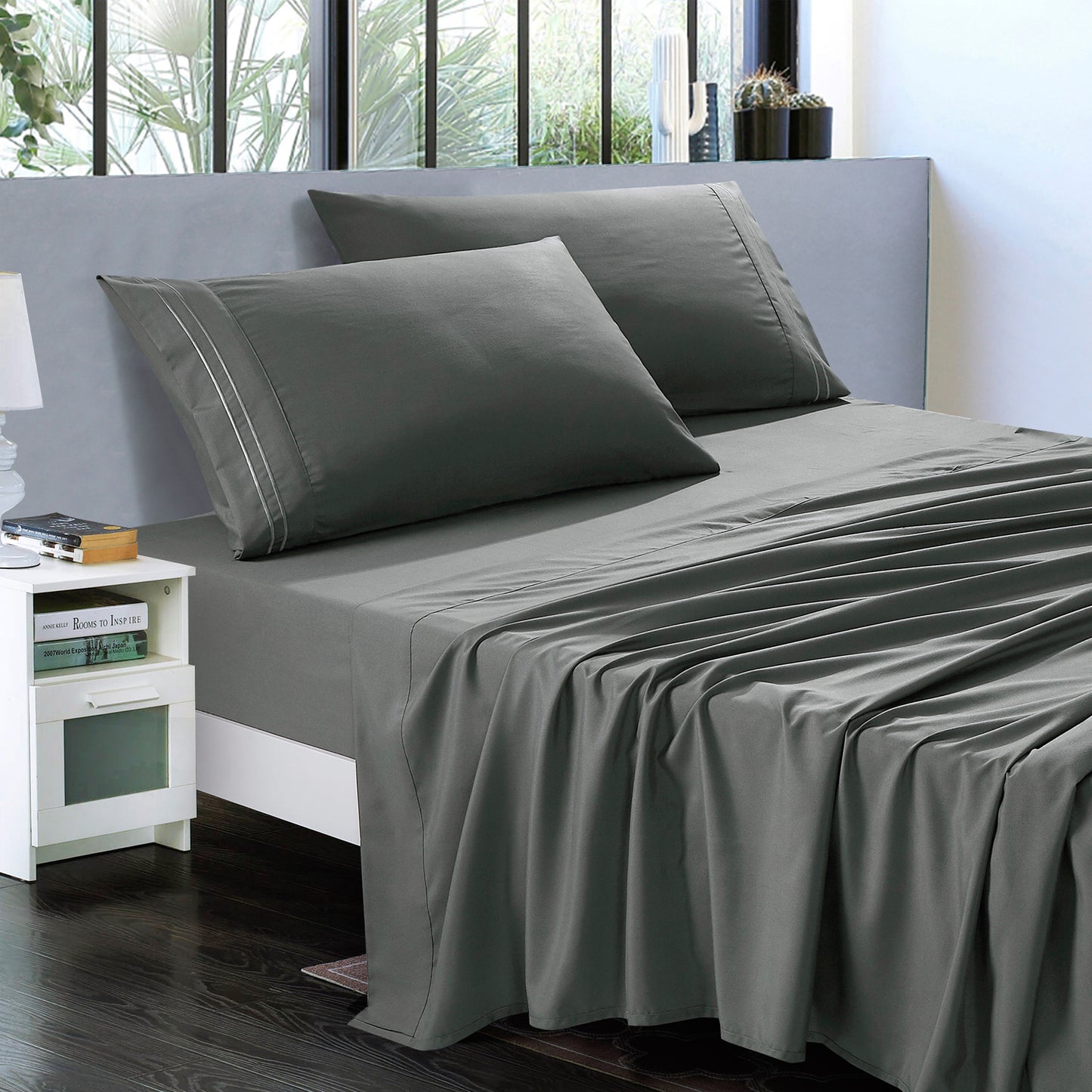 3-Piece Grey Sheet Set Twin Size with Flat Sheet, Fitted Sheet, and Pillowcases