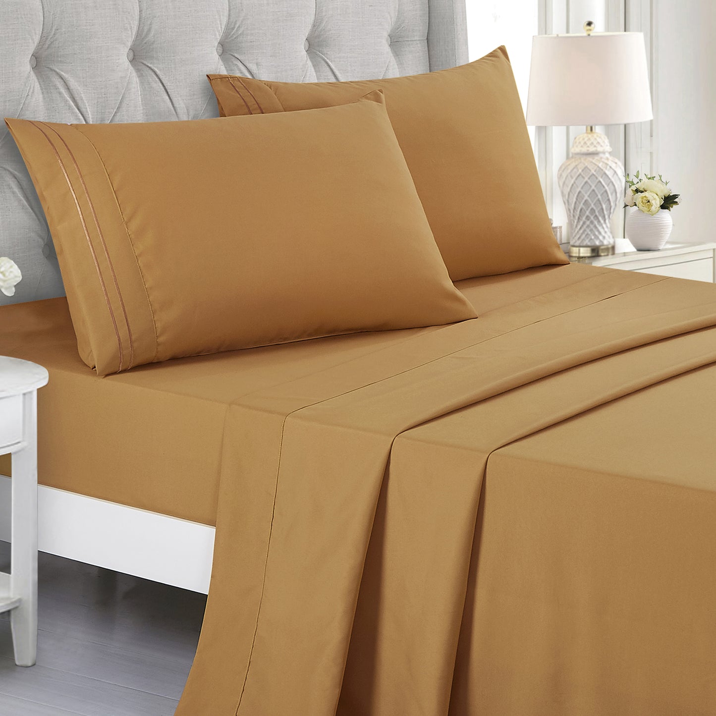 3-Piece Camel Sheet Set Twin Size with Flat Sheet, Fitted Sheet, and Pillowcases