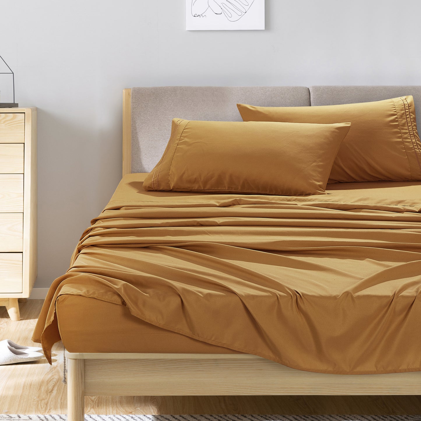 ESCA 3-Piece Camel Sheet Set Twin Size with Flat Sheet, Fitted Sheet, and Pillowcases