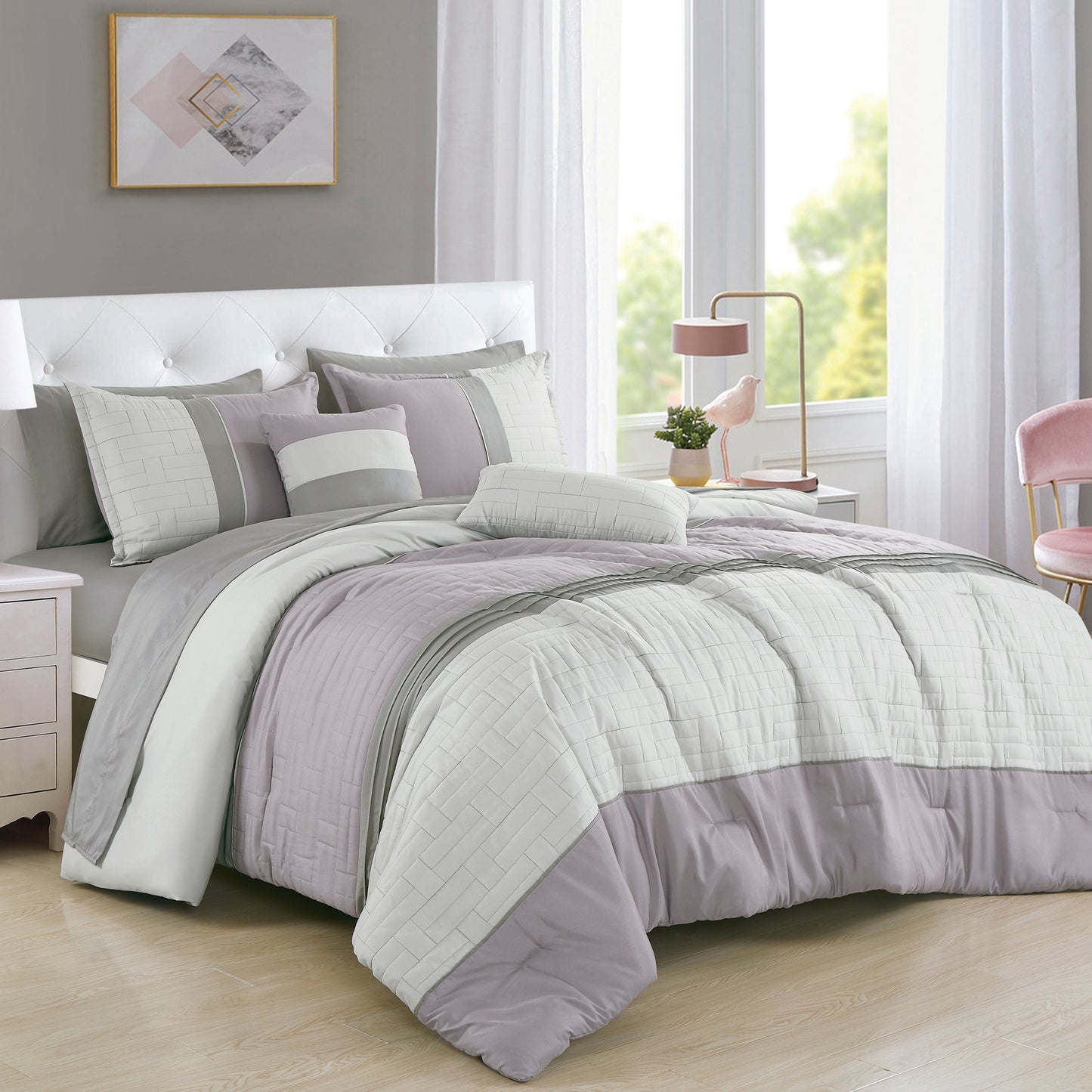 ESCA Bed-in-a-Bag 9-pieces Ena Grey Pintuck Real Quilting Comforter and Sheet Set Bedding Set - OEKO-TEX Standard 100 - Queen Size