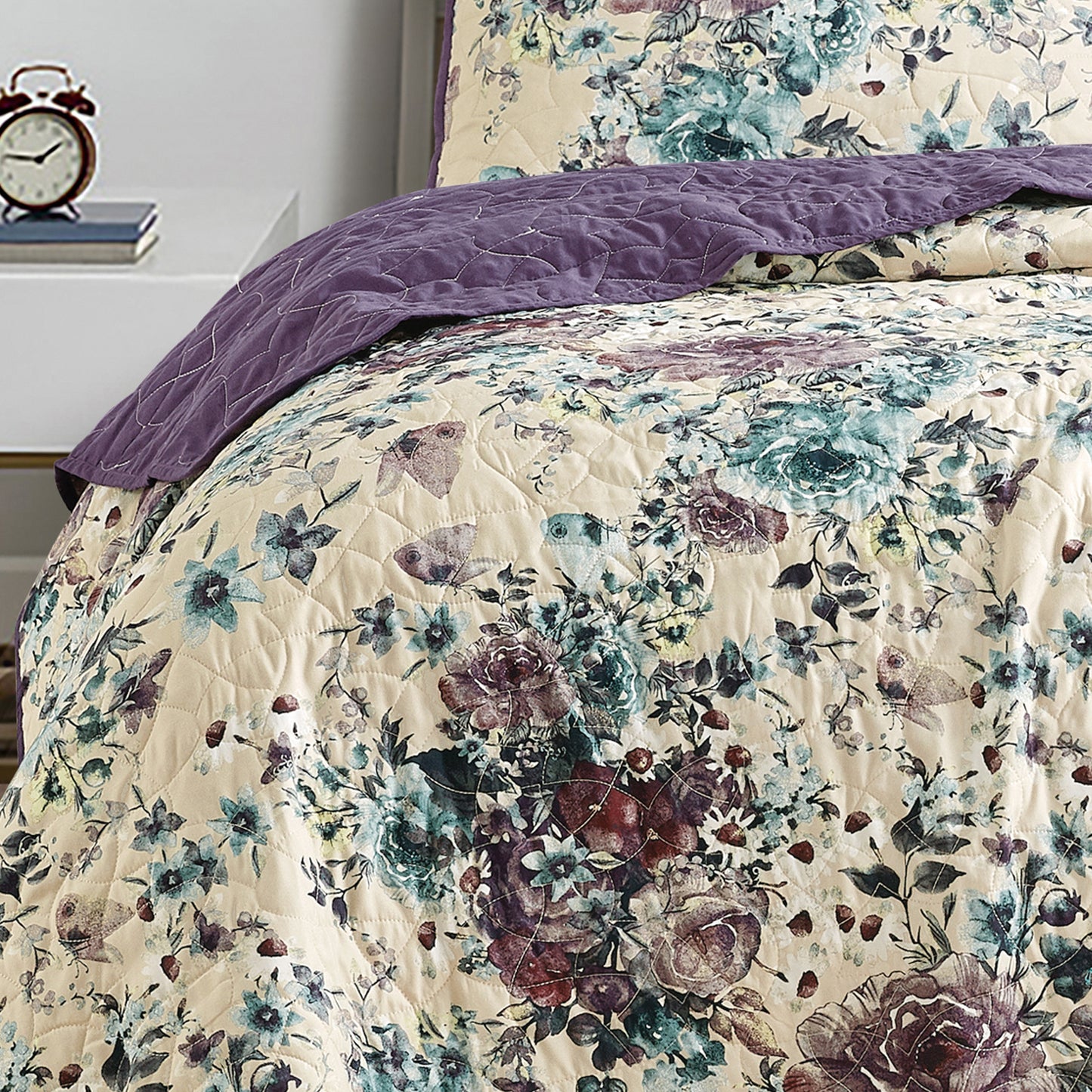 Heylie 3-Piece Floral Purple Bedspread Set King Size Reversible Lavender Quilt Set