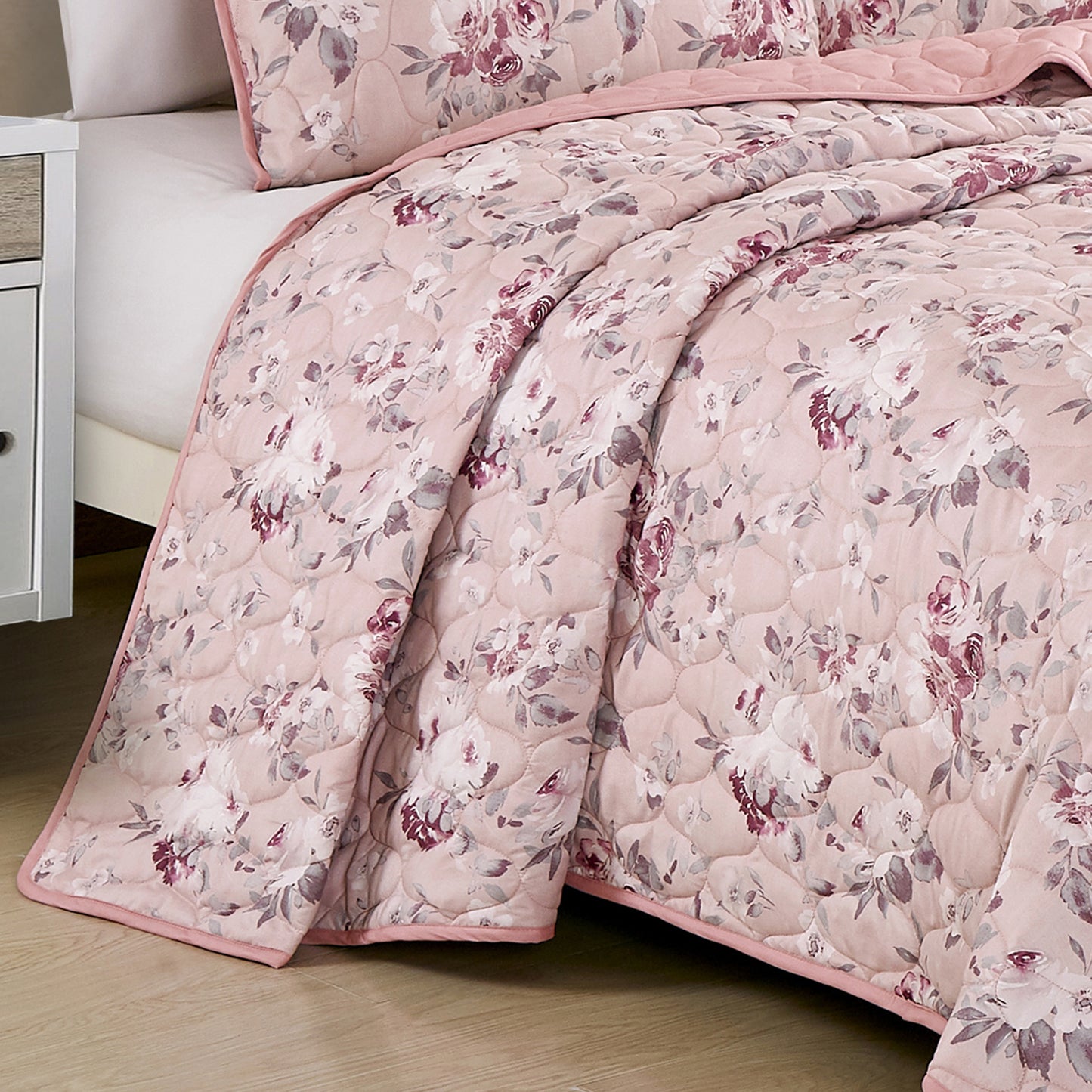 3-Piece Reversible Floral Pink Quilt, Floral Bedspread Set King Size