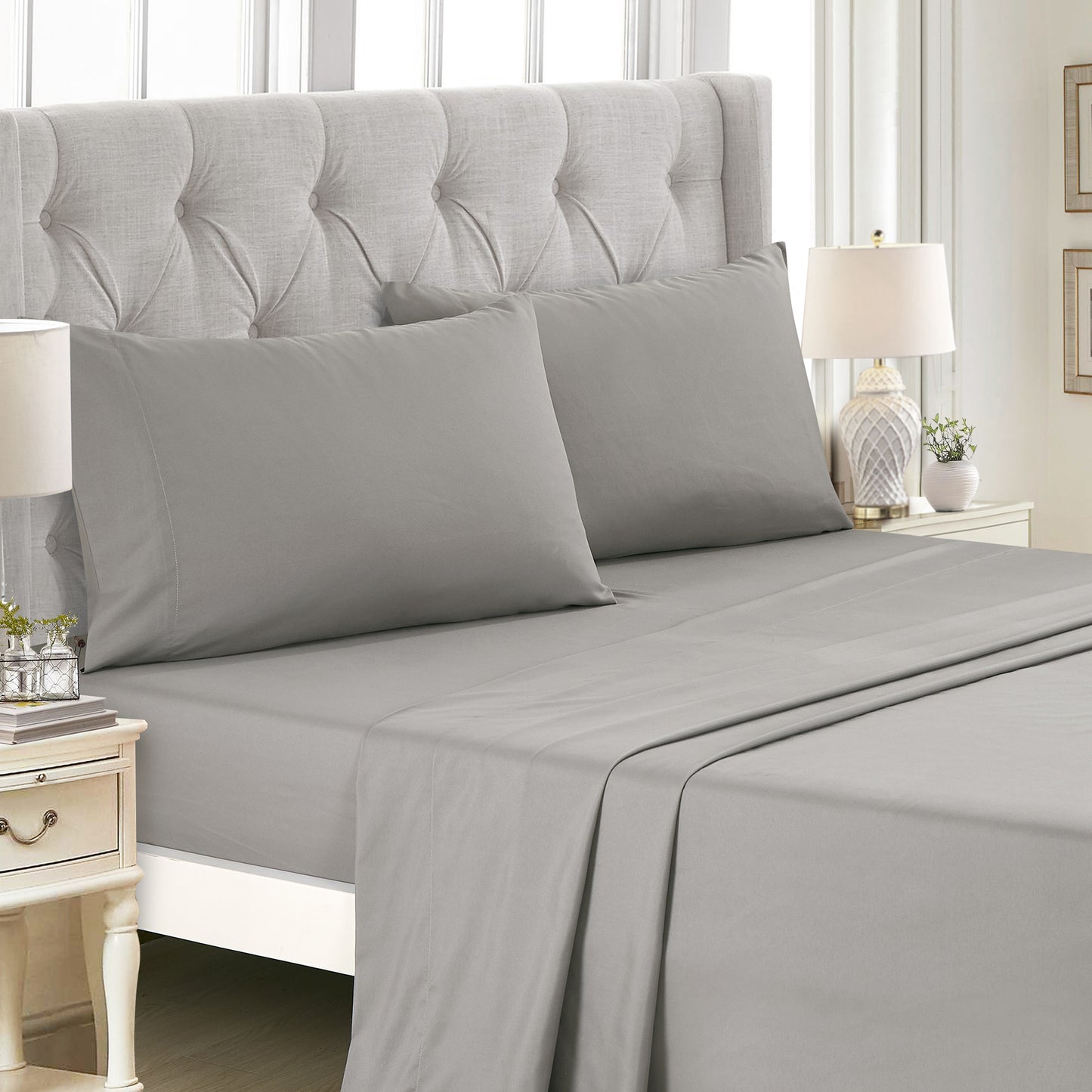 Bed-in-a-Bag 9-pieces Ena Grey Pintuck Real Quilting Comforter and Sheet Set Bedding Set - Cal King Size