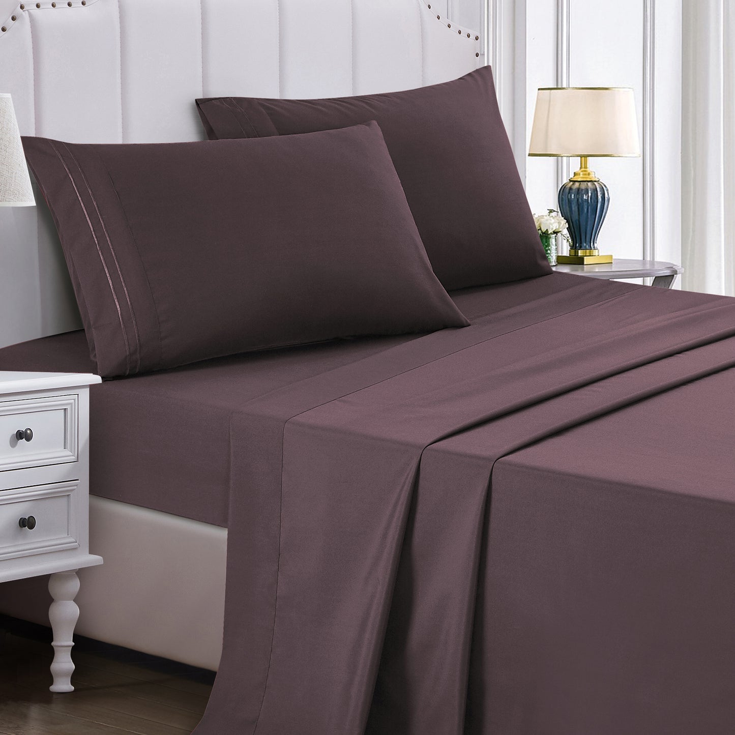 4-Piece Purple Sheet Set Queen Size with Flat Sheet, Fitted Sheet, and Pillowcases