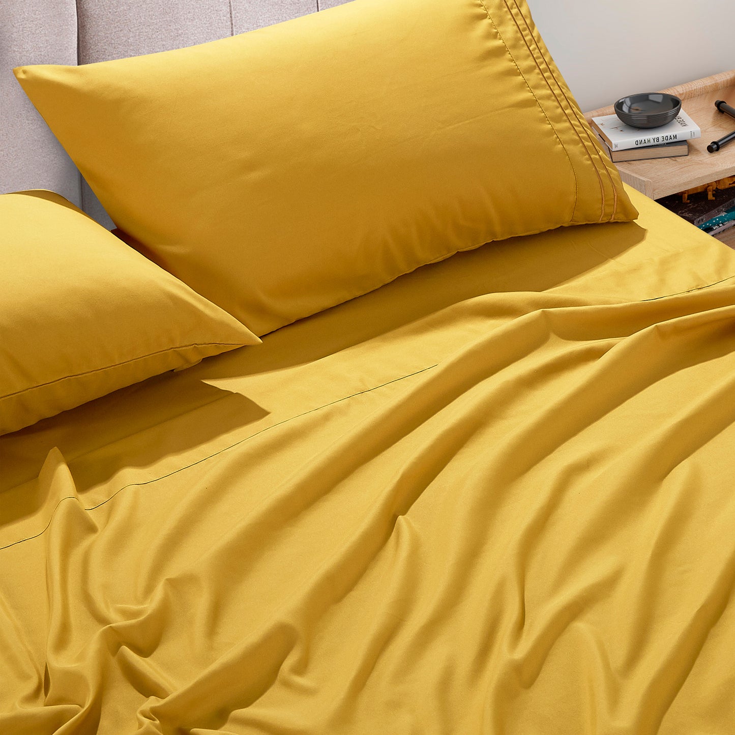 4-Piece Turmeric Yellow Sheet Set Cal King Size with Flat Sheet, Fitted Sheet, and Pillowcases