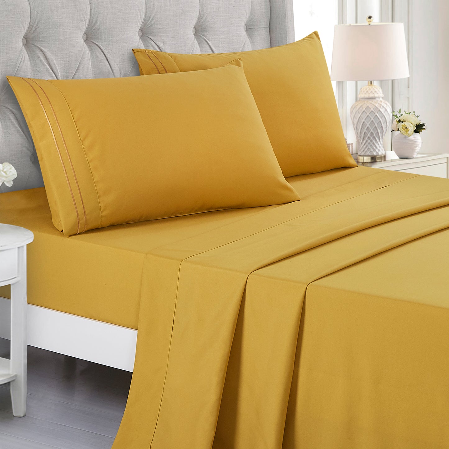 3-Piece Turmeric Yellow Sheet Set Twin Size with Flat Sheet, Fitted Sheet, and Pillowcases