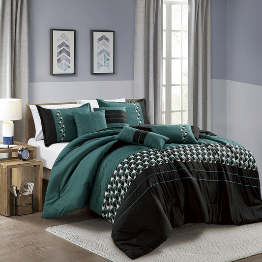 7-Piece Matisoon Black and Green Comforter Set Geomeric Embroidery Bedding Queen Size