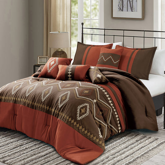 Brick and Brown Comforter Set Queen Size Chiriga 7-Pieces Terracotta Bedding