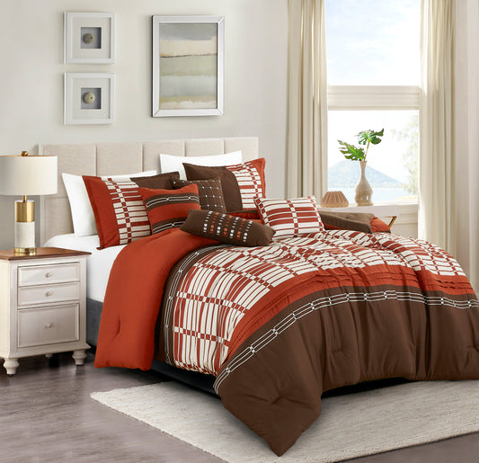 7-Piece Rudella Brown and Orange Comforter Set Beige Bedding Queen Size