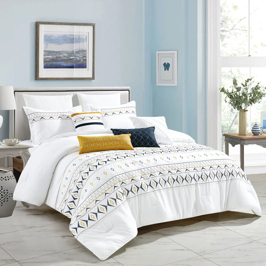 7-Piece Datya White Embroidery Comforter Set - Queen Size