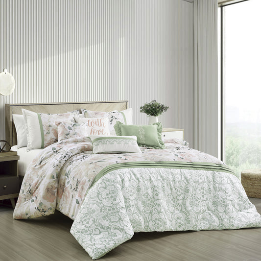 Floral Geen Comforter Set Queen Size - 7-Pieces Elian Floral Bedding