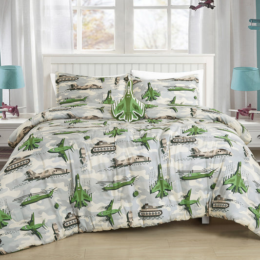US Army Military Kids Comforter Set Full / Queen Size Green Comforter Set with Fighter Jet Toy Throw Pillow - For Boys Girls
