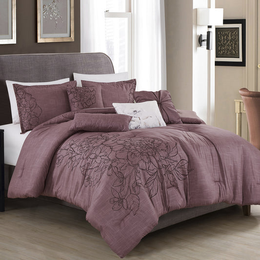 7-Piece Keeya Purple Floral Peony Flower Embroidery Comforter Set - Queen Size