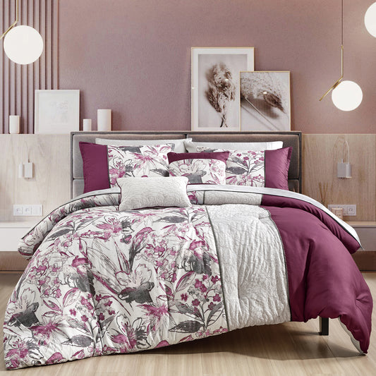 Bed-in-a-Bag 9-pieces Ontina Floral Gray & Purple Comforter and Sheet Set, Bed in Bag Floral Bedding  Set - Queen Size