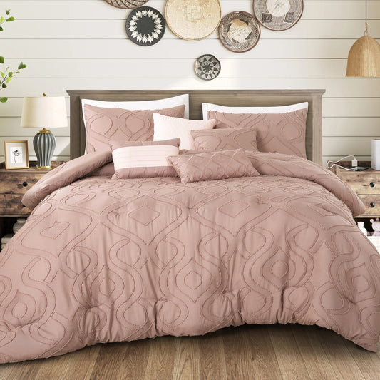 7-Piece INARA Pink Comforter Set Clip Jacquard Bedding Queen Size