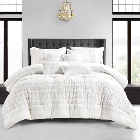 7-Piece Gabbatha Boho White Comforter Set Embroidery Bedding Queen Size