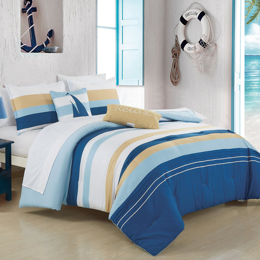 ESCA Bed-in-a-Bag 9-pieces Sailboat Blue Yellow White Comforter and Sheet Set, Coastal Bedding Set - Queen Size