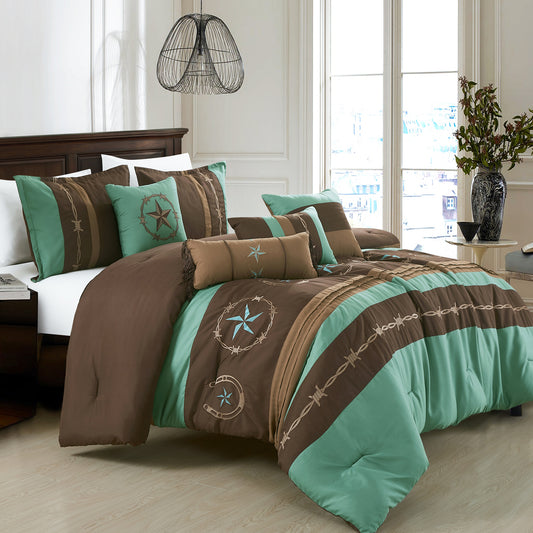 7-Piece Eshcol Western Brown and Teal Comforter Set Southwest Bedding Queen Size