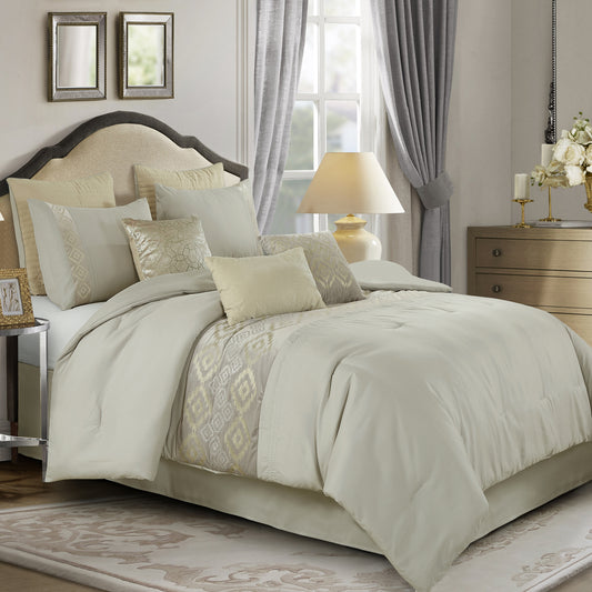 ESCA Bed-in-a-Bag 9-pieces Jarina Beige Jacquard Bedding Comforter and Bed Shirt Set - Queen Size