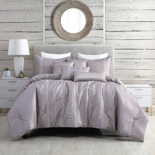 7-Piece Laguna Boho Purple Comforter Set Embroidery Bedding Queen Size