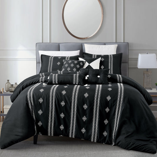 7-Piece Judith Black & White Boho Embroidery Comforter Set Queen Size