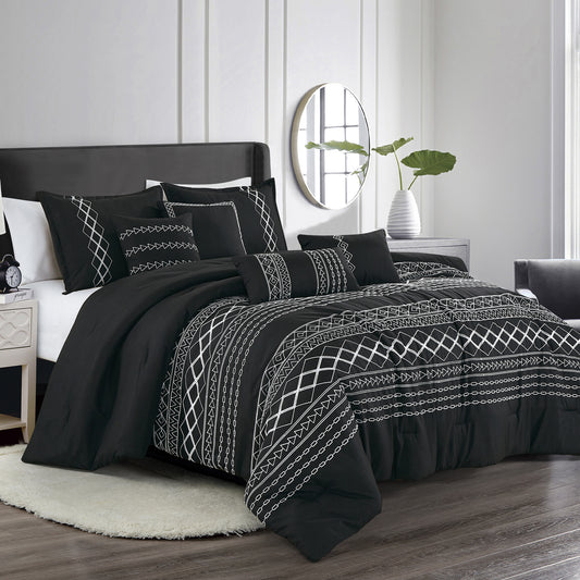 7-Piece Yihana Black & White Boho Geometric Embroidery Comforter Set - Queen Size