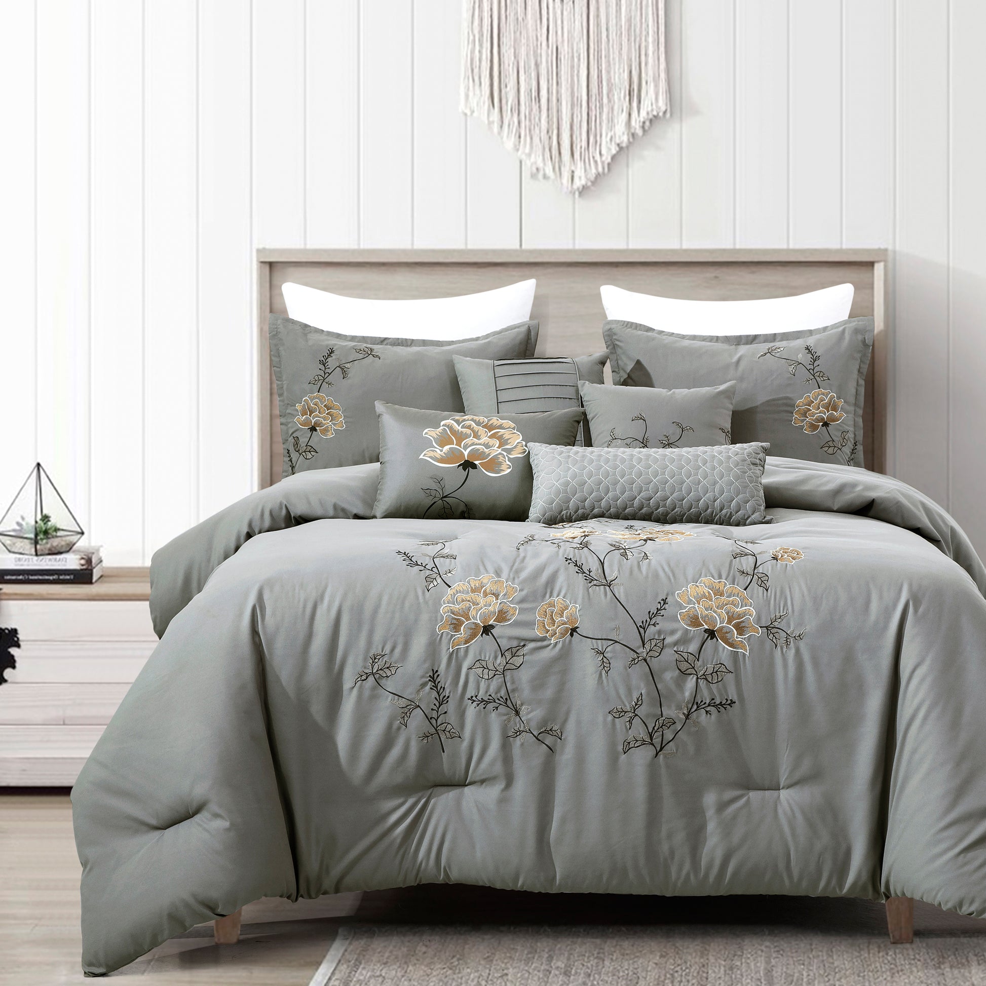 7-Piece Serena Grey Floral Peony Flower Design Embroidery Comforter Set - Queen Size