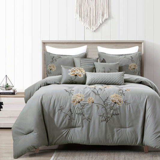 7-Piece Serena Grey Floral Peony Flower Design Embroidery Comforter Set - Queen Size