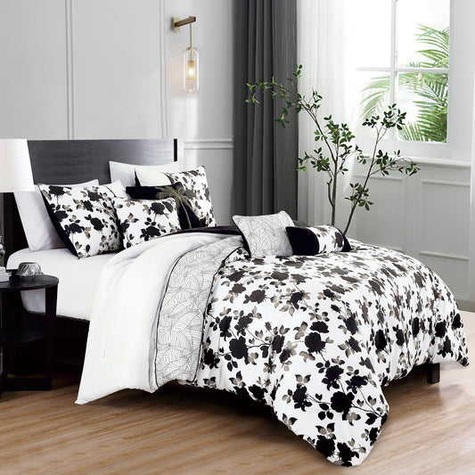 7-Piece Kona Floral Black and White Comforter Set Queen Size