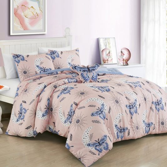 Butterfly Kids Comforter Set Full/Queen Size Kids Blush Pink Comforter Set with Toy Throw Pillow - For Girls