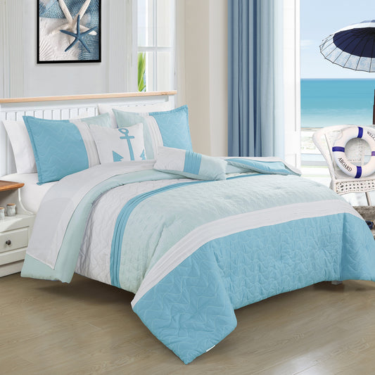 ESCA Bed-in-a-Bag 9-pieces Anchors White & Blue Comforter and Sheet Set , Coastal Bedding Set - Queen Size