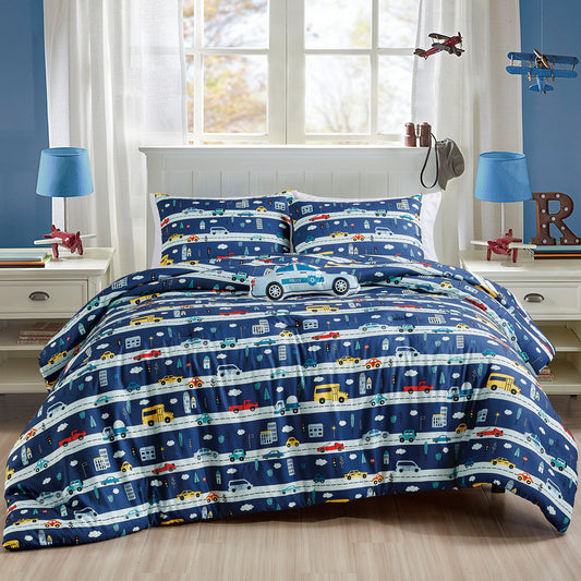 Kids Police Car Comforter Set Full/Queen Size Blue 4-Piece Kids Bedding with Fun Traffic and Vehicle Print for Boys and Girls