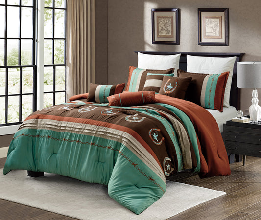 Western Brown and Teal Comforter Set Queen Size 7-Pieces Aulani Southwest Bedding