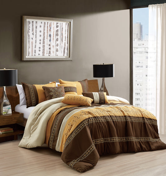 7-Pieces Naenia Brown and Yellow Comforter Set , Beige Yellow Brown Bedding Set Queen Size