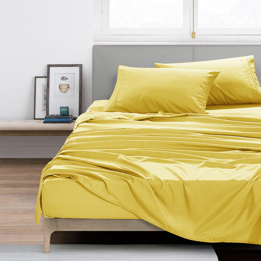 ESCA 4-Piece Yellow Sheet Set Queen Size with Flat Sheet, Fitted Sheet, and Pillowcases