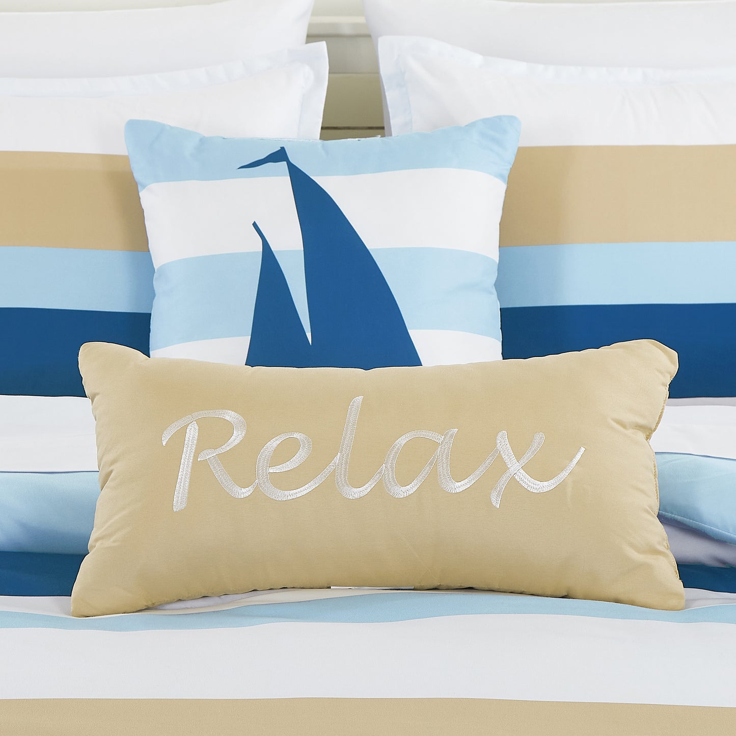 Bed-in-a-Bag 9-pieces Sailboat Blue Yellow White Comforter and Sheet Set, Coastal Bedding Set - Cal King Size
