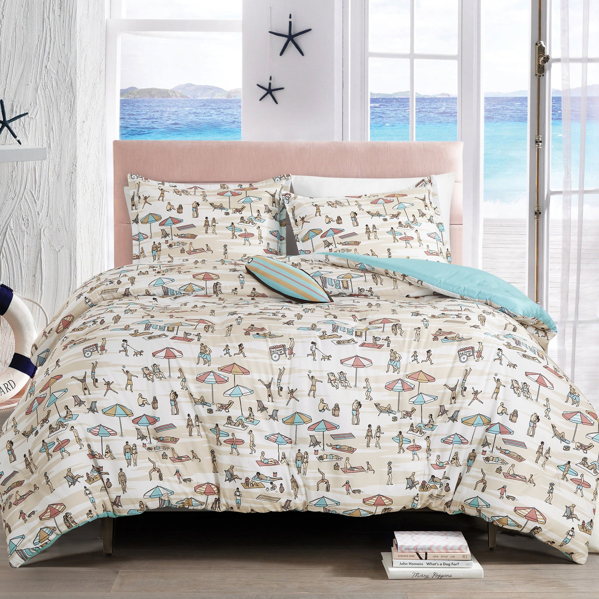 Coastal Beach Surfing Kids Comforter Set Full/Queen Size Blue Comforter Set with Surf Board Throw Pillow Boys Girls