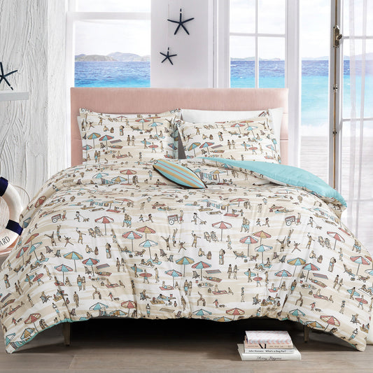 Coastal Beach Surfing Kids Comforter Set Full/Queen Size Blue Comforter Set with Surf Board Throw Pillow Boys Girls