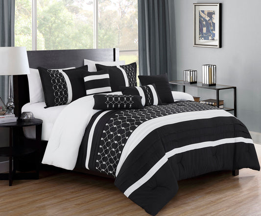 Black and White Comforter Set Queen Size 7-Pieces Rosario Black Bedding