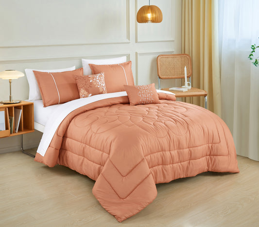 Bed-in-a-Bag 9-pieces Purity Floral Coral Pink Comforter and Sheet Set, Bed in Bag Quilted Floral Bedding Set - Queen Size