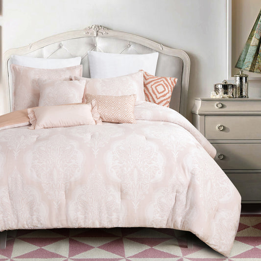 7-Piece Matelasse Pink Comforter Set Jacquard Bedding Queen Sizes