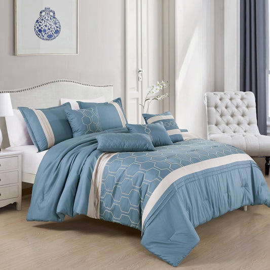 Beige and Blue Comforter Set Queen Size 7-Pieces Jimmi Beige Bedding