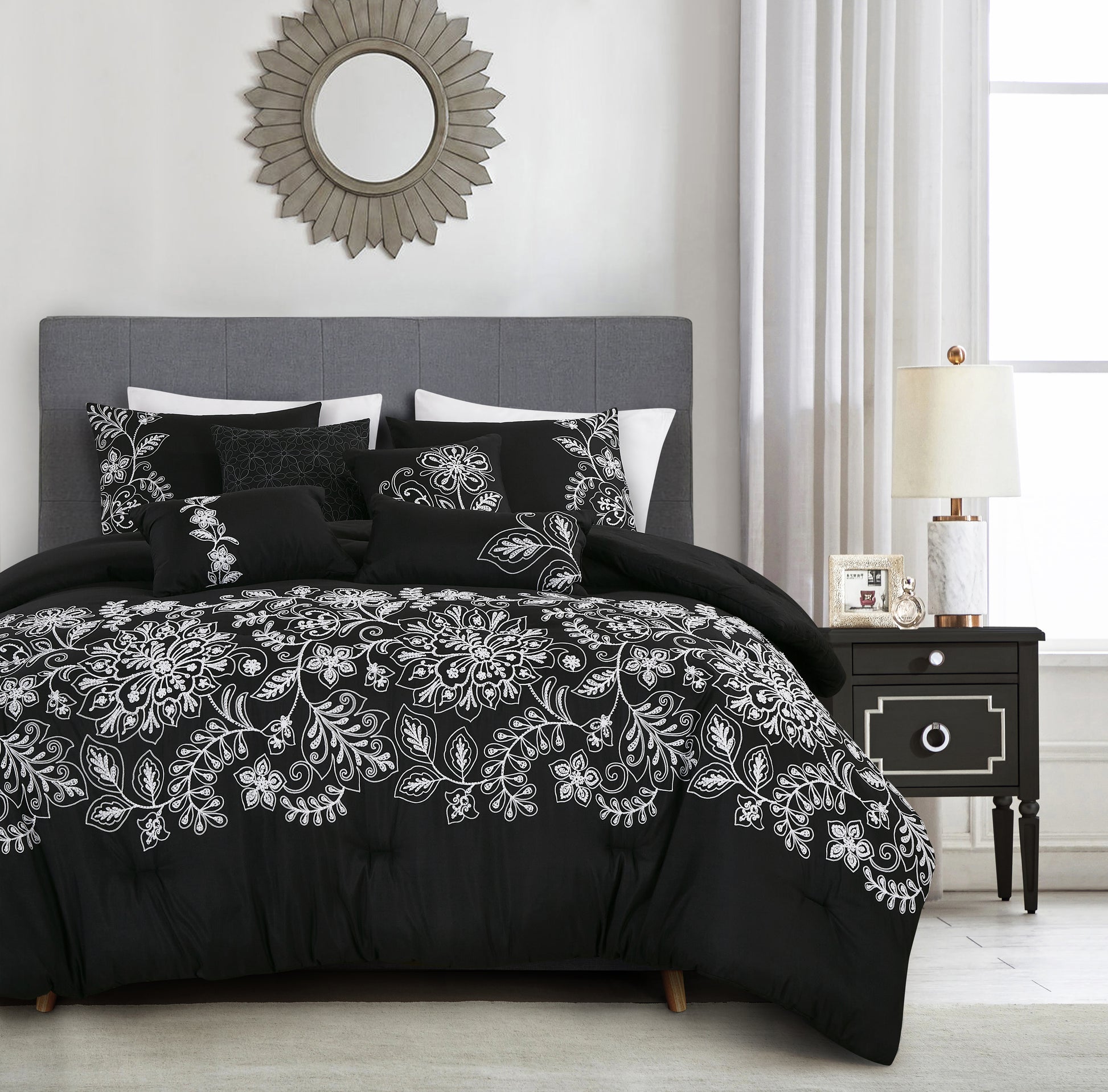Floral Black and White Comforter Set  Queen Size 7-Pieces Naarah Flower Motiff Bedding Set
