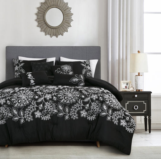 Floral Black and White Comforter Set  Queen Size 7-Pieces Naarah Flower Motiff Bedding Set