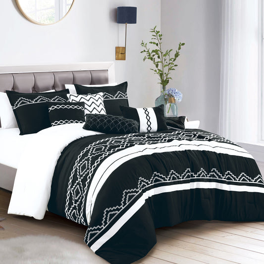 Black and White Comforter Set Queen Size 7-Pieces Euzebia Geometric Bedding