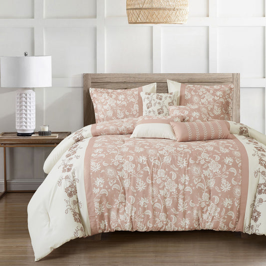 7-Piece Kabibe Floral Pink Comforter Set Flower Embroideried Bedding Queen Size