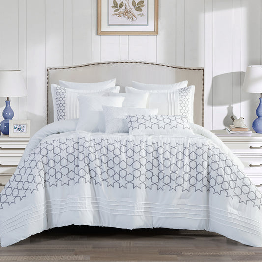 7-Piece Kalet White & Grey Comforter Set, Star Embroidery Bedding Set - Queen Size